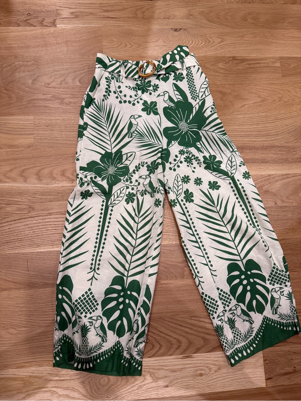 Maison d'Amélie Paris Green Cream Tropical Palm Print Wide Leg Pants Size S